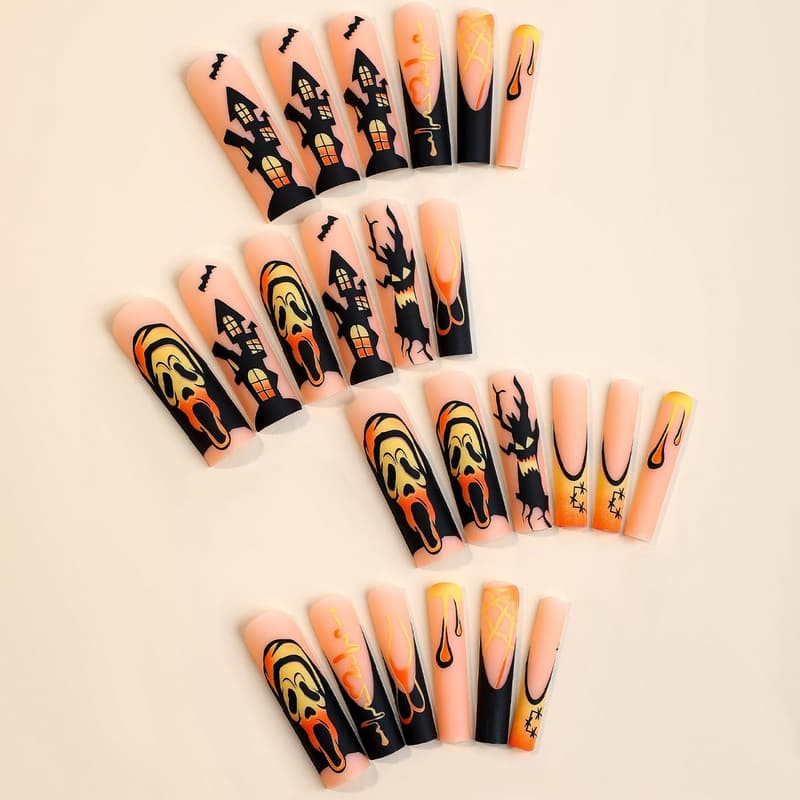 Halloween Press-On Coffin Nails with Spider & Bat Designs - 24pcs