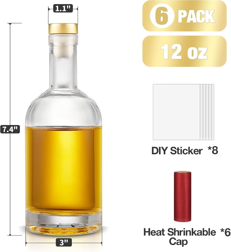 Set of 6 Clear 12 oz Glass Bottles with Airtight Caps