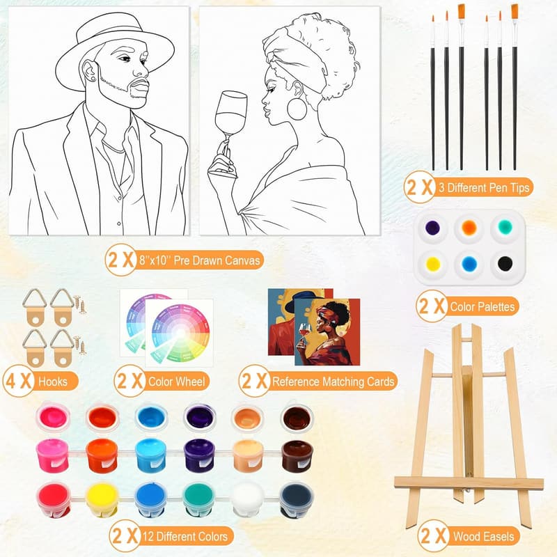 Valentine's Day Painting Kit for Couples - 2 Pre-Drawn Canvases