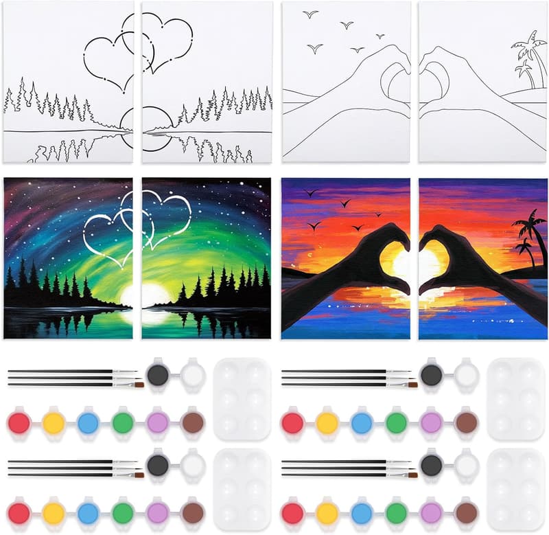 Valentine's Sip and Paint Kit for Couples, Pre-Drawn Canvases
