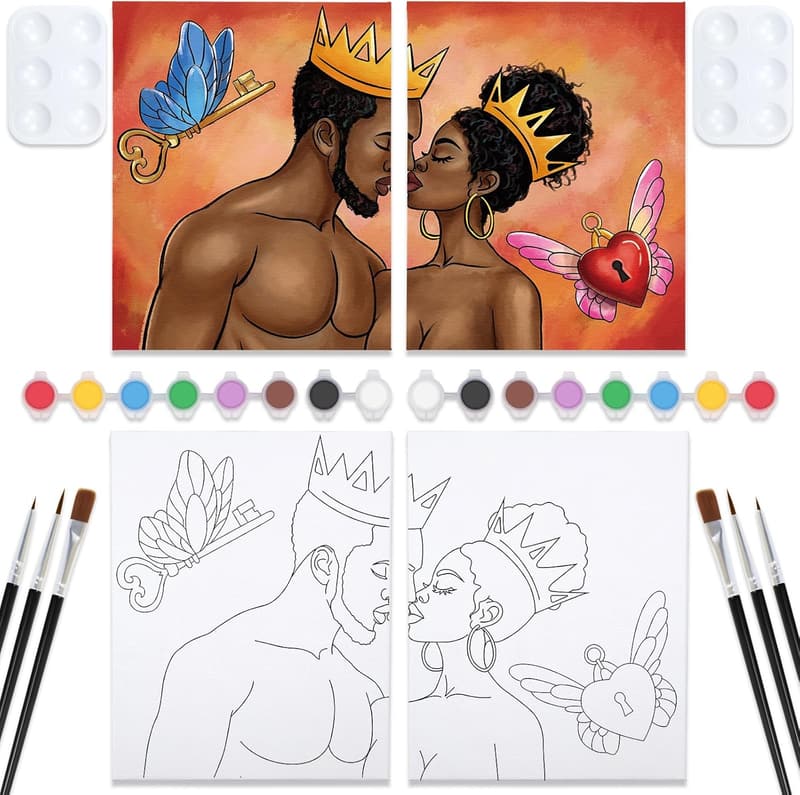 Date Night Couples Sip and Paint Kit - Pre-Drawn Canvas Set