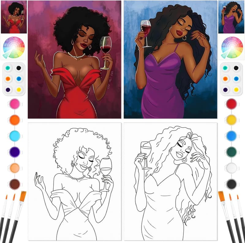 Couples Date Night Sip and Paint Kit - 2 Pre-Drawn Canvases
