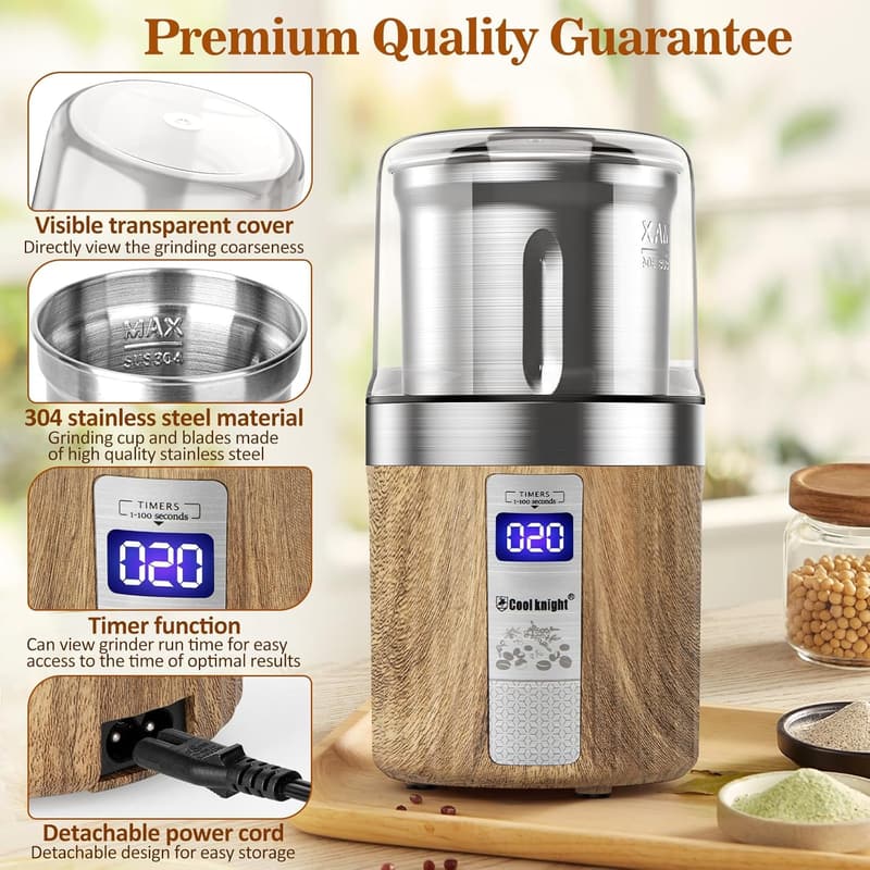 Electric Herb and Spice Grinder with Timer, 304 Stainless Steel