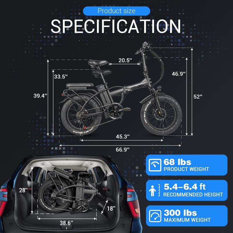 Folding Electric Bike with 1500W Peak Power & 33MPH Speed