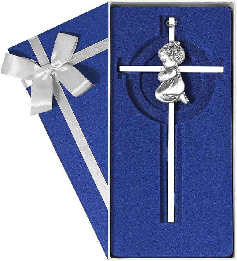 Silver Baby Wall Cross - Praying Girl Baptism Gift, 7-inch