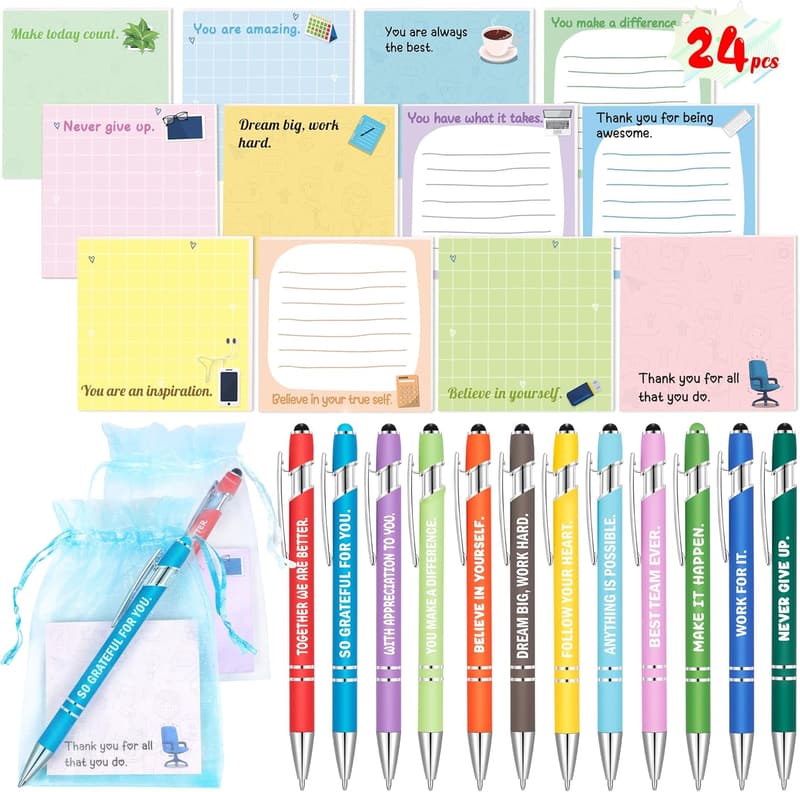 Employee Appreciation Gift Set: Funny Pens & Inspiring Sticky Notes
