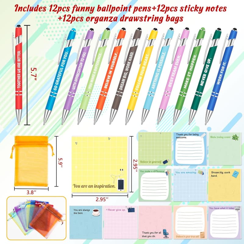 Employee Appreciation Gift Set: Funny Pens & Inspiring Sticky Notes