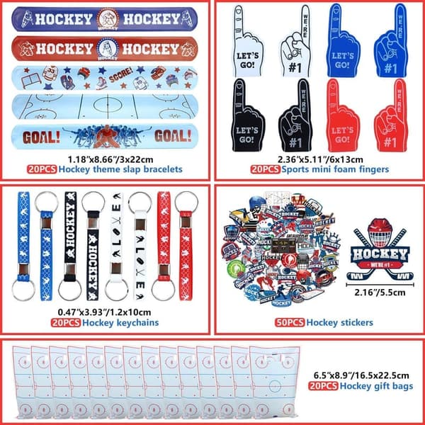 Hockey Birthday Party Favors - Keychains, Stickers & Mini Foam Fingers