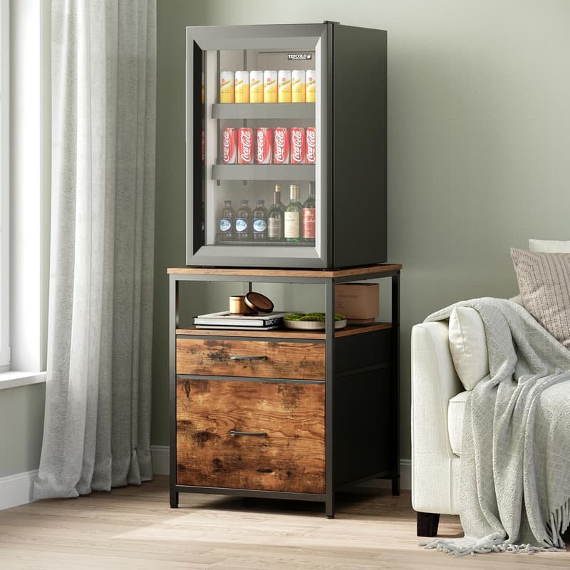 Rustic Brown Mini Fridge Stand with 3 Storage Compartments