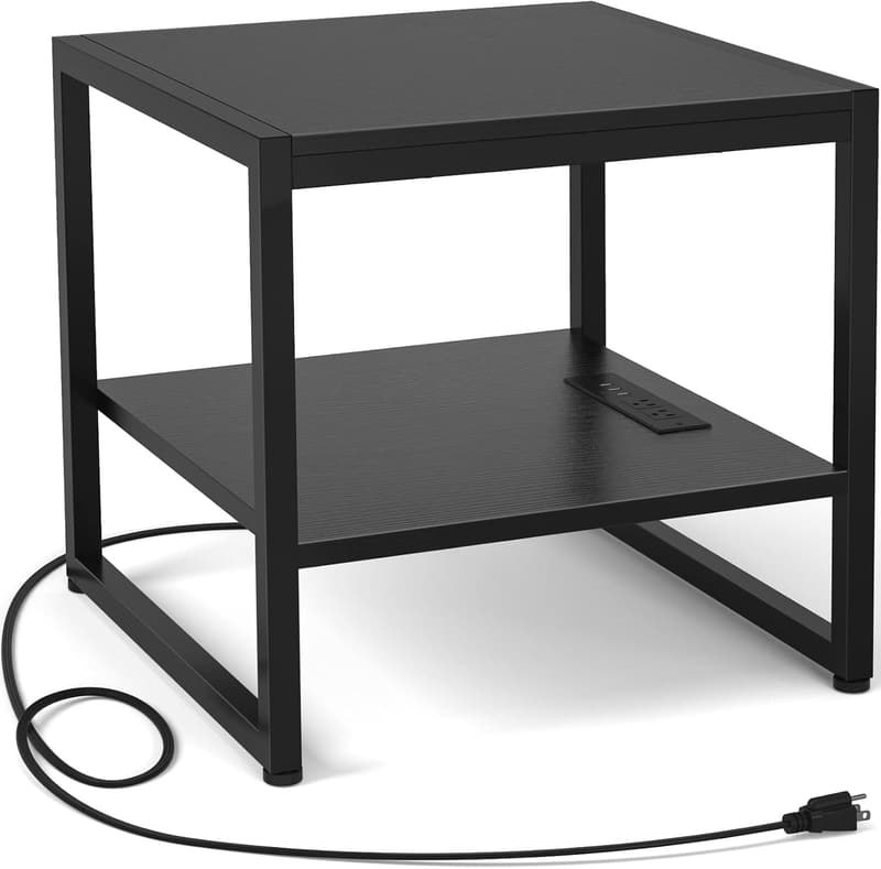 20-Inch Black Charging End Table with 2-Tier Shelf