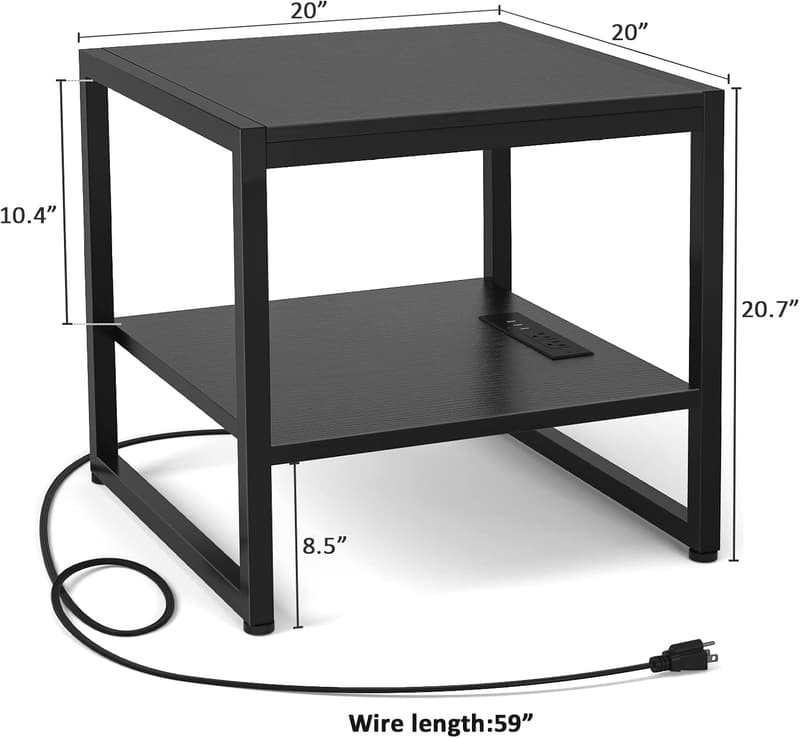 20-Inch Black Charging End Table with 2-Tier Shelf