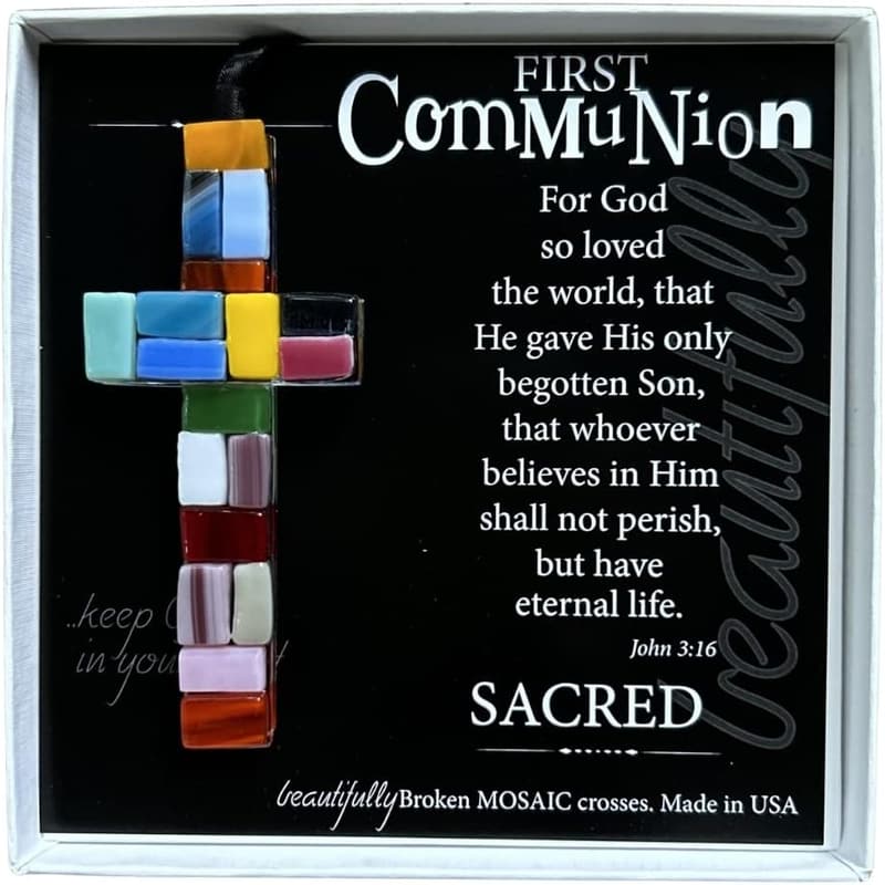 First Communion Glass Hanging Cross Ornament - Handmade in USA