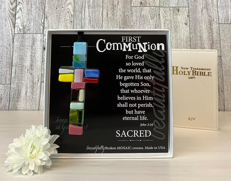 First Communion Glass Hanging Cross Ornament - Handmade in USA