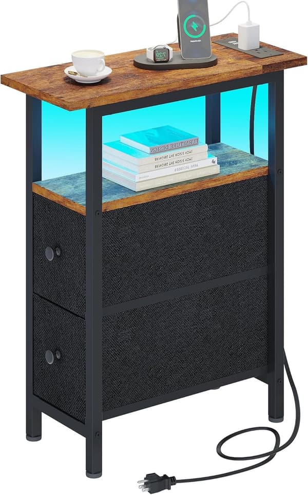 Rustic Brown Slim End Table with Charging Station & LED Light