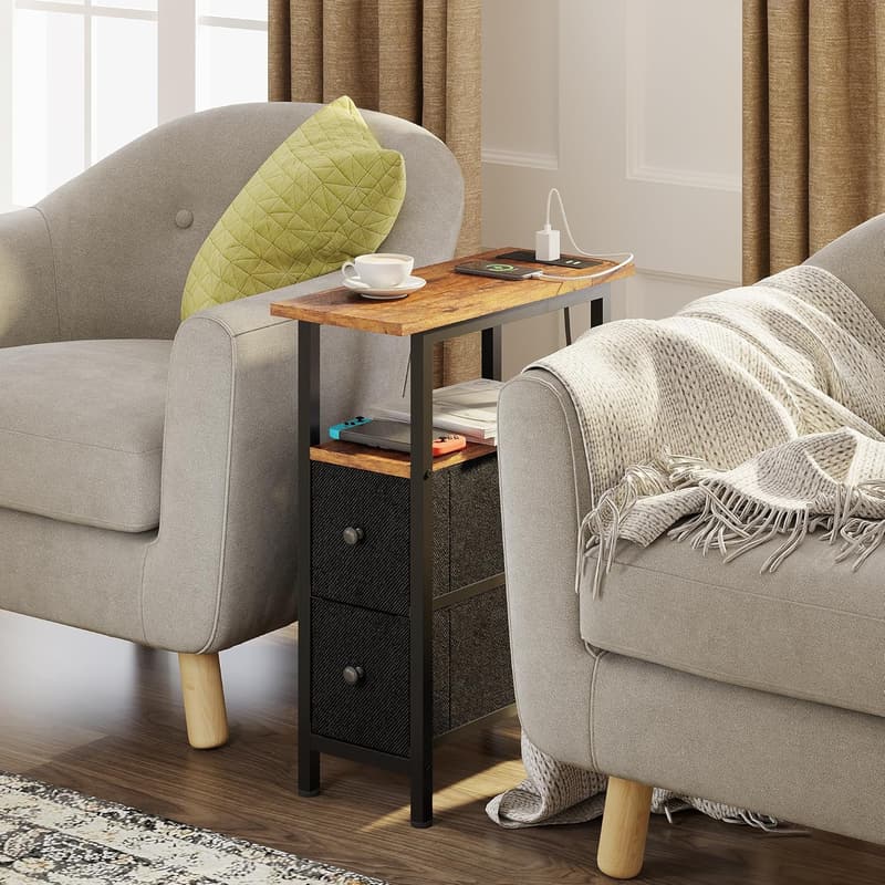 Rustic Brown Slim End Table with Charging Station & LED Light
