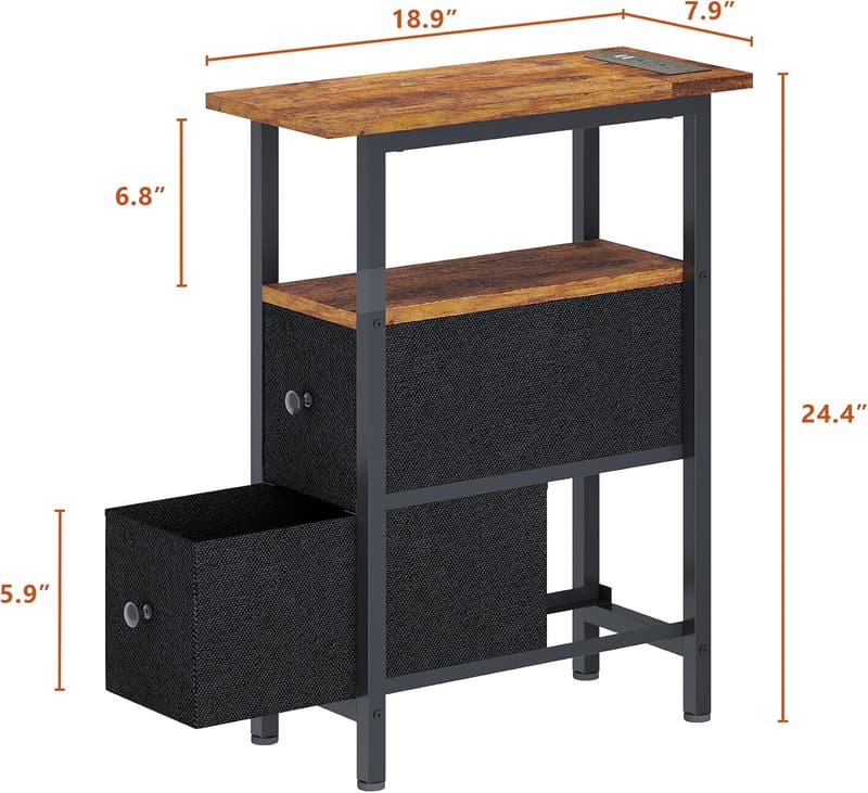 Rustic Brown Slim End Table with Charging Station & LED Light