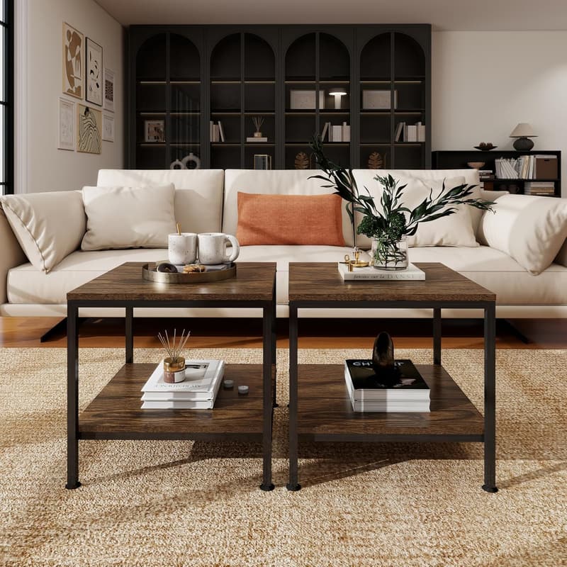 20-Inch Rustic Metal Frame 2-Tier Side Table for Living Room