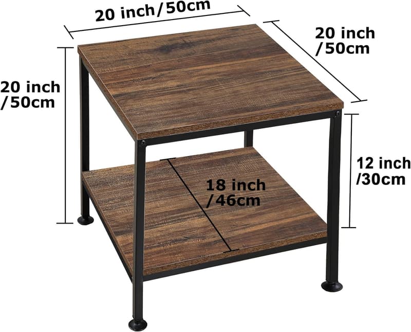 20-Inch Rustic Metal Frame 2-Tier Side Table for Living Room