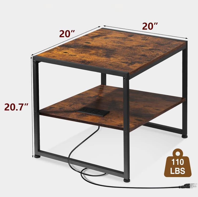 Industrial End Table with Charging Station & USB Ports - Rustic Brown