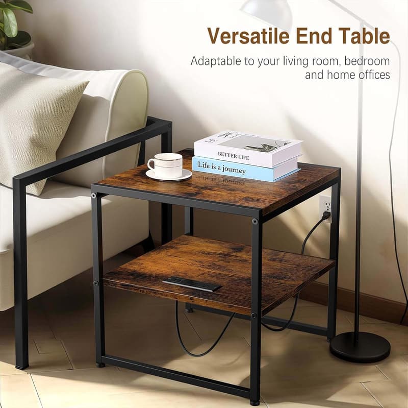 Industrial End Table with Charging Station & USB Ports - Rustic Brown