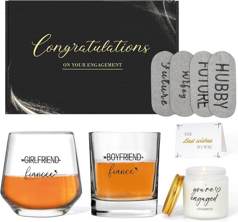 Couples' Engagement Gift Set: Wine Glasses, Socks & Candle