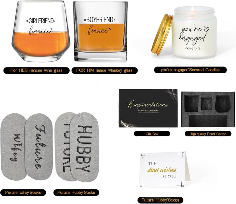 Couples' Engagement Gift Set: Wine Glasses, Socks & Candle