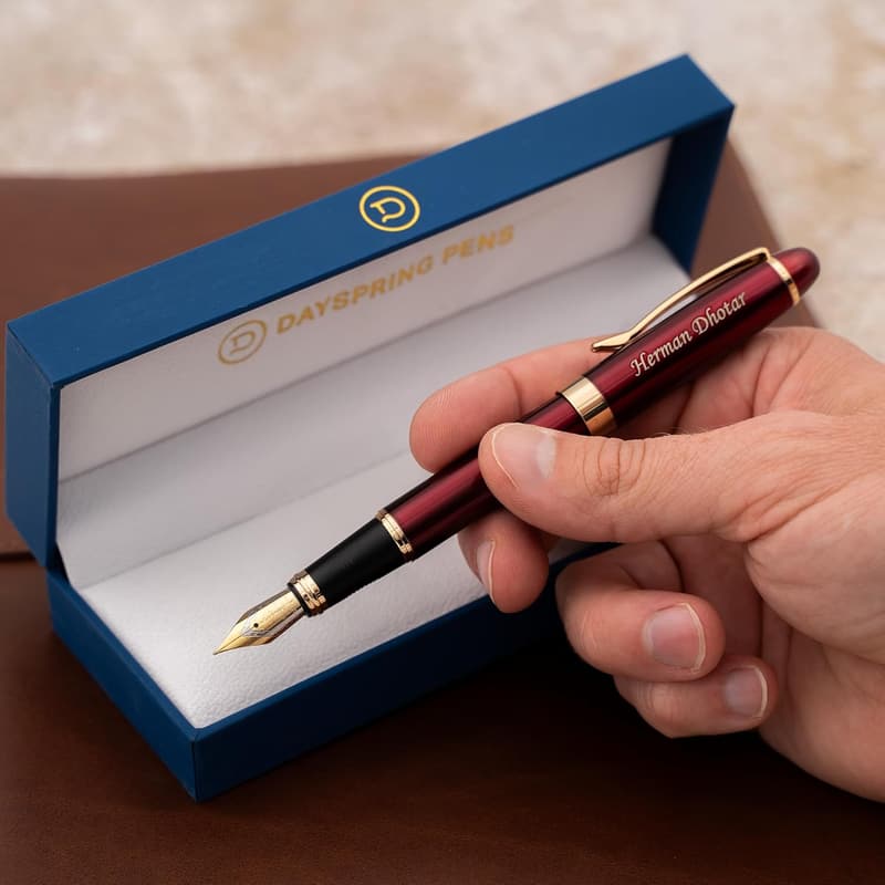 Luxury Engraved Fountain Pen with Red Lacquer & Gold Finish