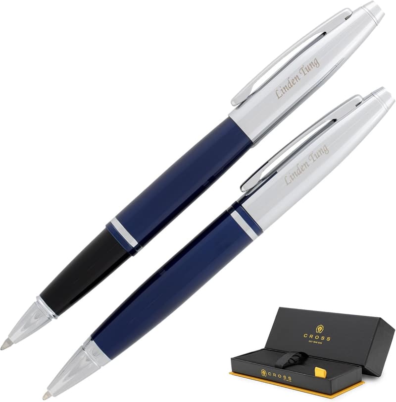 Engraved Cross Calais Pen Set - Blue Lacquer & Chrome Trim