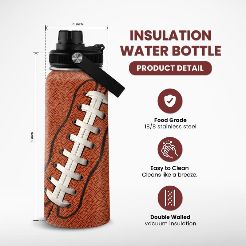 Football Insulated Water Bottle - 32oz Stainless Steel for Fans