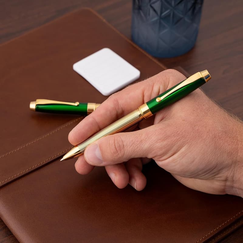 Personalized Green Lacquer Ballpoint & Rollerball Pen Set