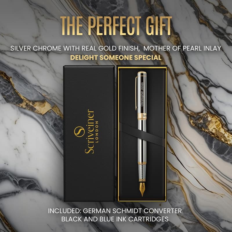Personalized Silver Chrome Fountain Pen Gift Set for Men & Women