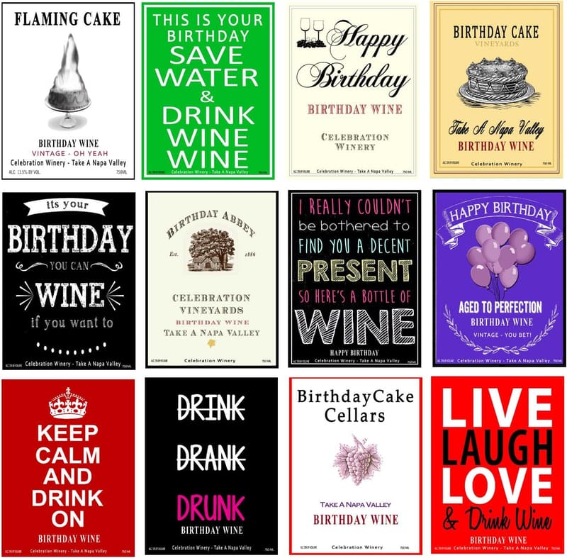 Funny Birthday Wine Bottle Labels - Set of 12
