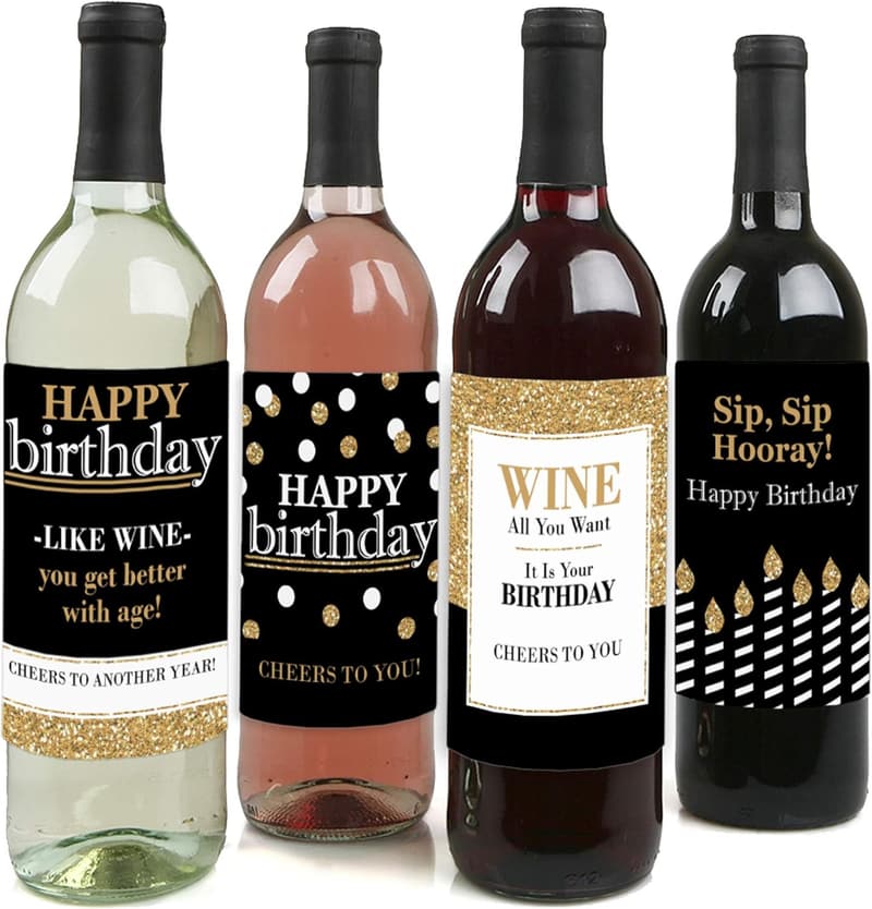 Happy Birthday Wine Bottle Label Stickers - Set of 4 for Adults