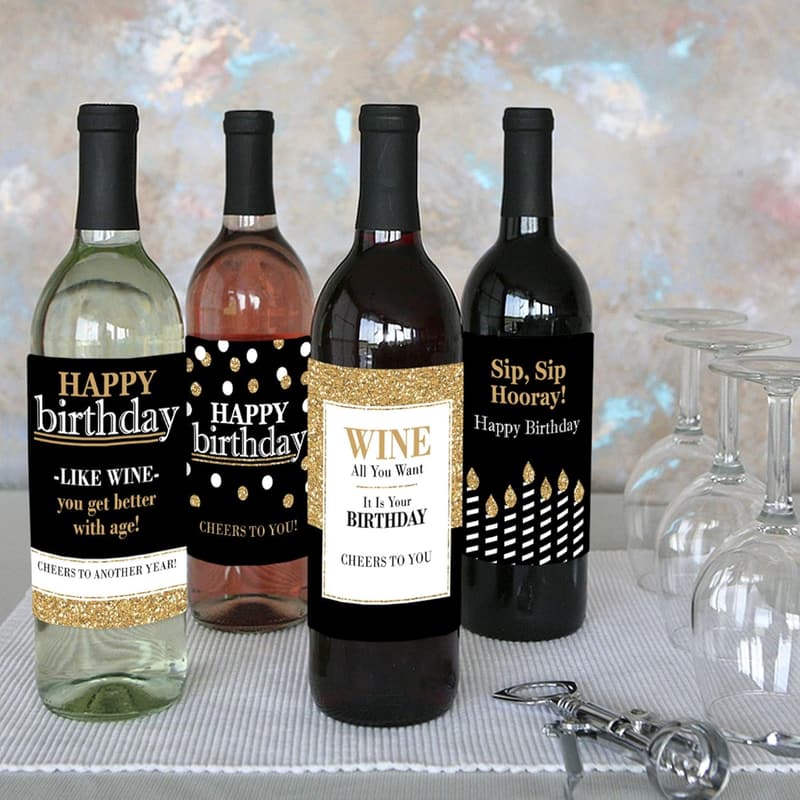 Happy Birthday Wine Bottle Label Stickers - Set of 4 for Adults