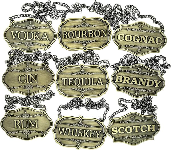 Antique Brass Liquor Decanter Tags - Set of 9