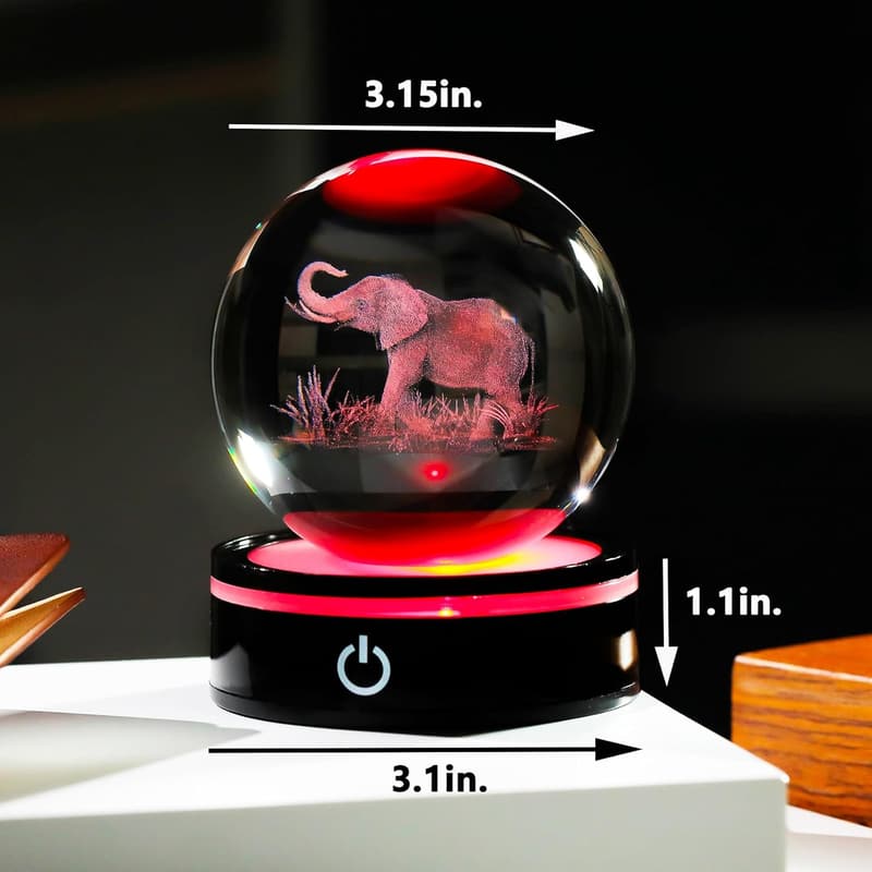 3D Laser Engraved Elephant Crystal Ball Decoration