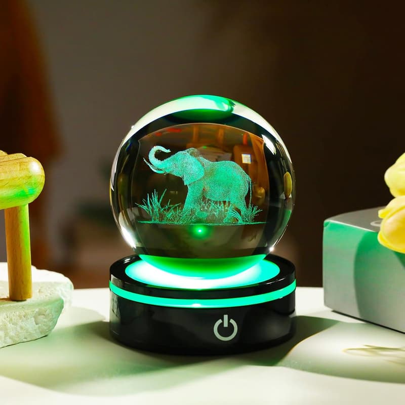3D Laser Engraved Elephant Crystal Ball Decoration