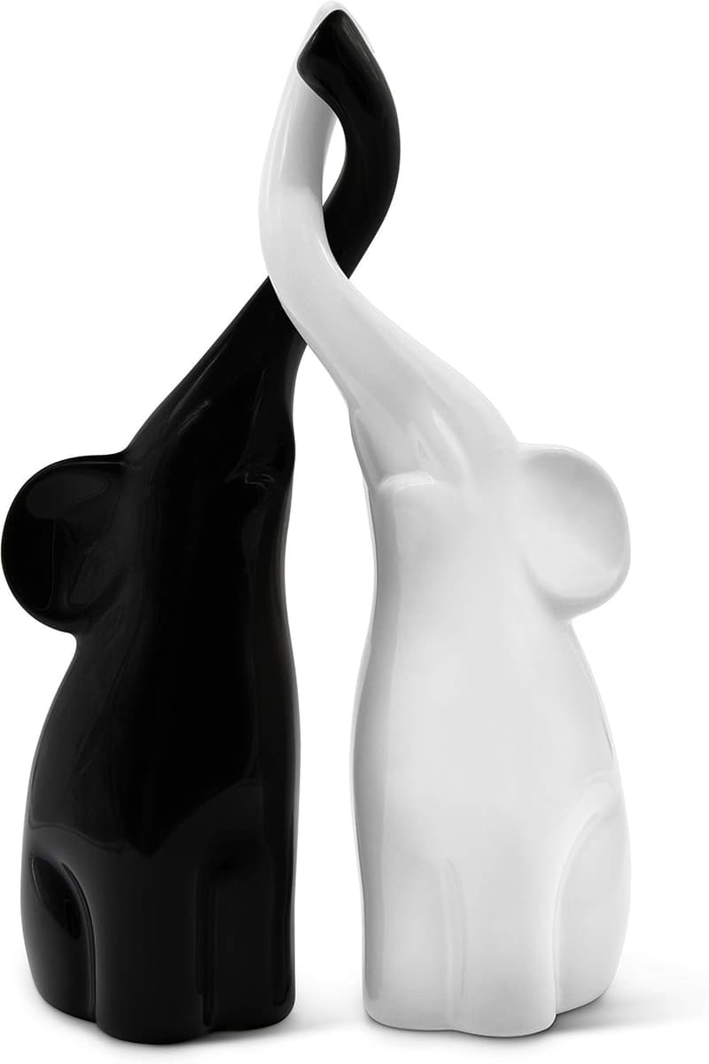 Modern Black and White Elephant Ceramic Sculpture Set - 10.2