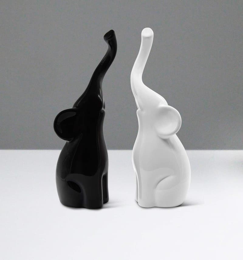 Modern Black and White Elephant Ceramic Sculpture Set - 10.2