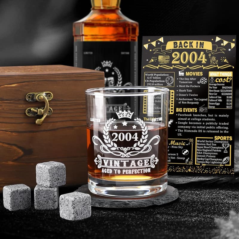 21st Birthday Vintage Whiskey Glass Set with Wood Box & Coaster