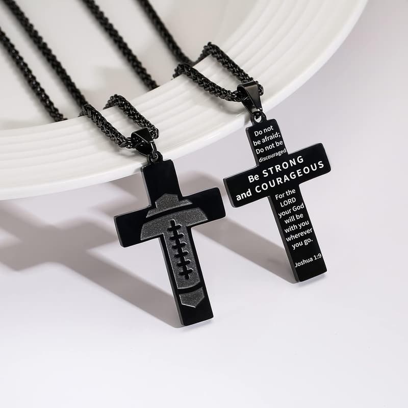 First Communion Football Cross Necklace for Boys - Stainless Steel