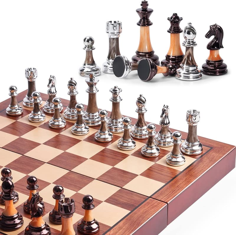Deluxe Folding Wooden Chess Set with Weighted Pieces - Housewarming Gift
