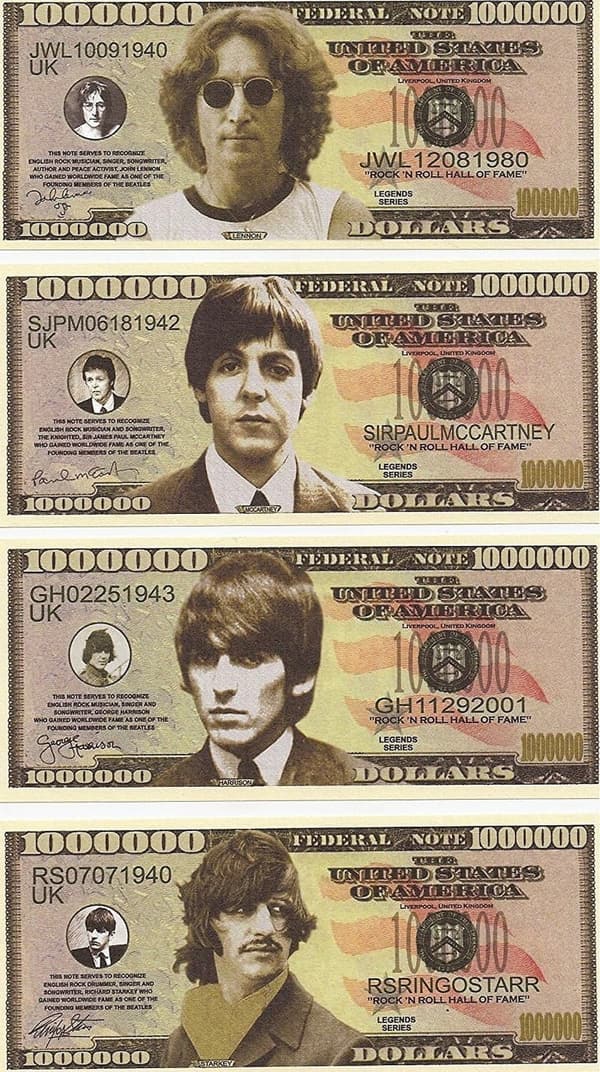 The Beatles Complete Set of 4 Novelty Bills