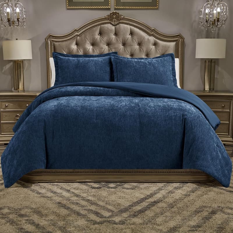 Luxury Chenille Queen Comforter Set – All-Season Cozy Bedding (Navy, 90x90 Inch)