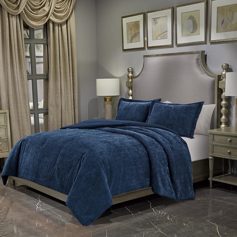Luxury Chenille Queen Comforter Set – All-Season Cozy Bedding (Navy, 90x90 Inch)