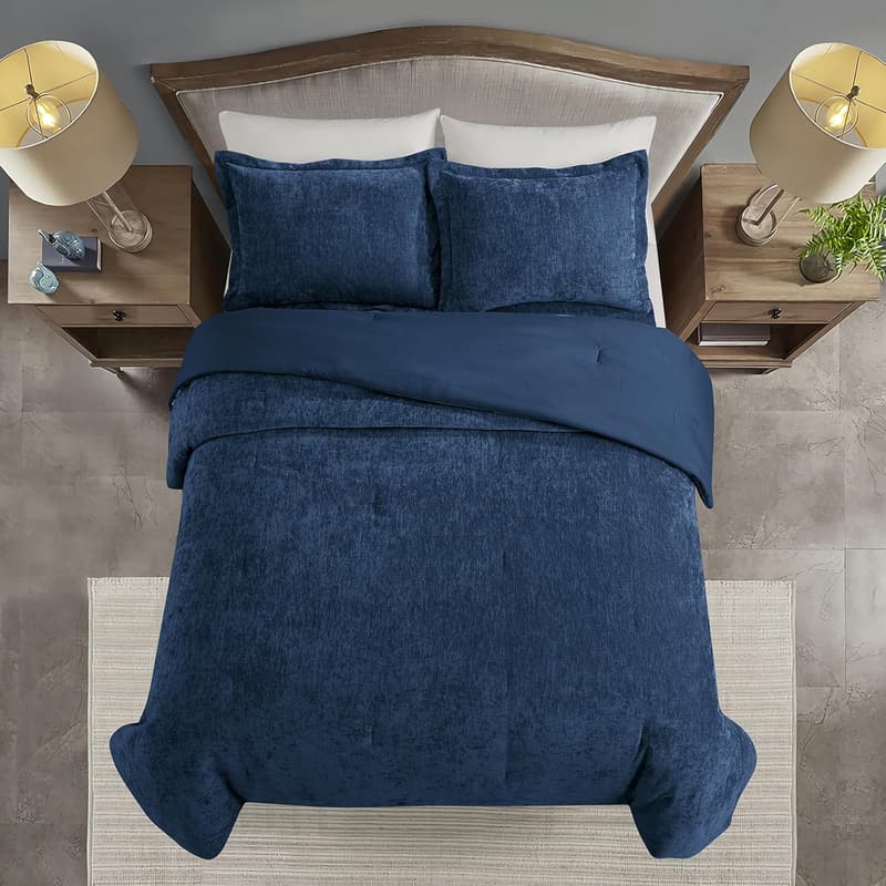 Luxury Chenille Queen Comforter Set – All-Season Cozy Bedding (Navy, 90x90 Inch)