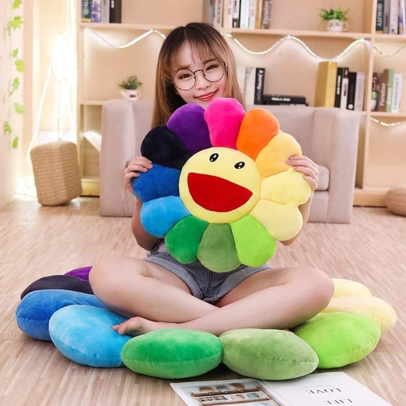 Rainbow Smile Face Plush Pillow - Soft Sunflower Floor Cushion