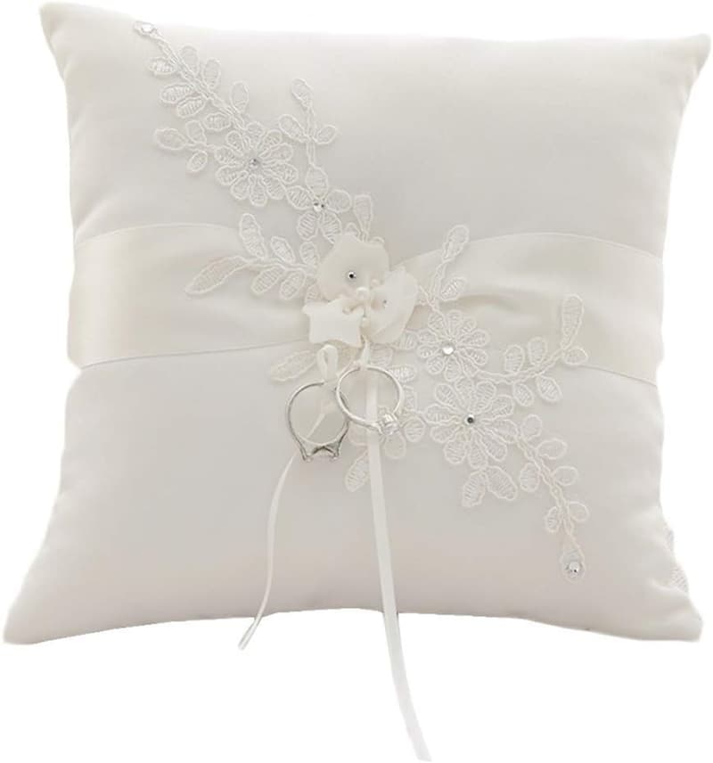 Ivory Lace Pearl Wedding Ring Bearer Pillow - 8.2 Inch