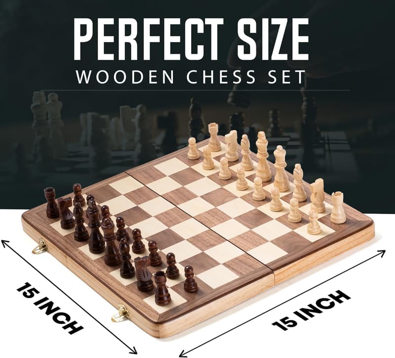 Classic Wooden Chess Set - 15 Inch Handcrafted Board with Storage