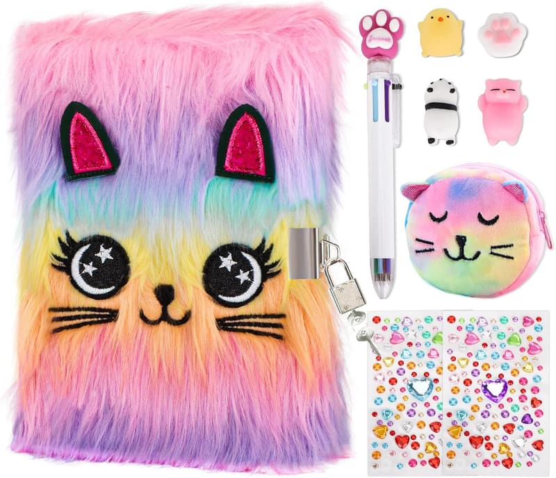 Cute Plush Cat Journal with Lock for Girls, 160 Pages